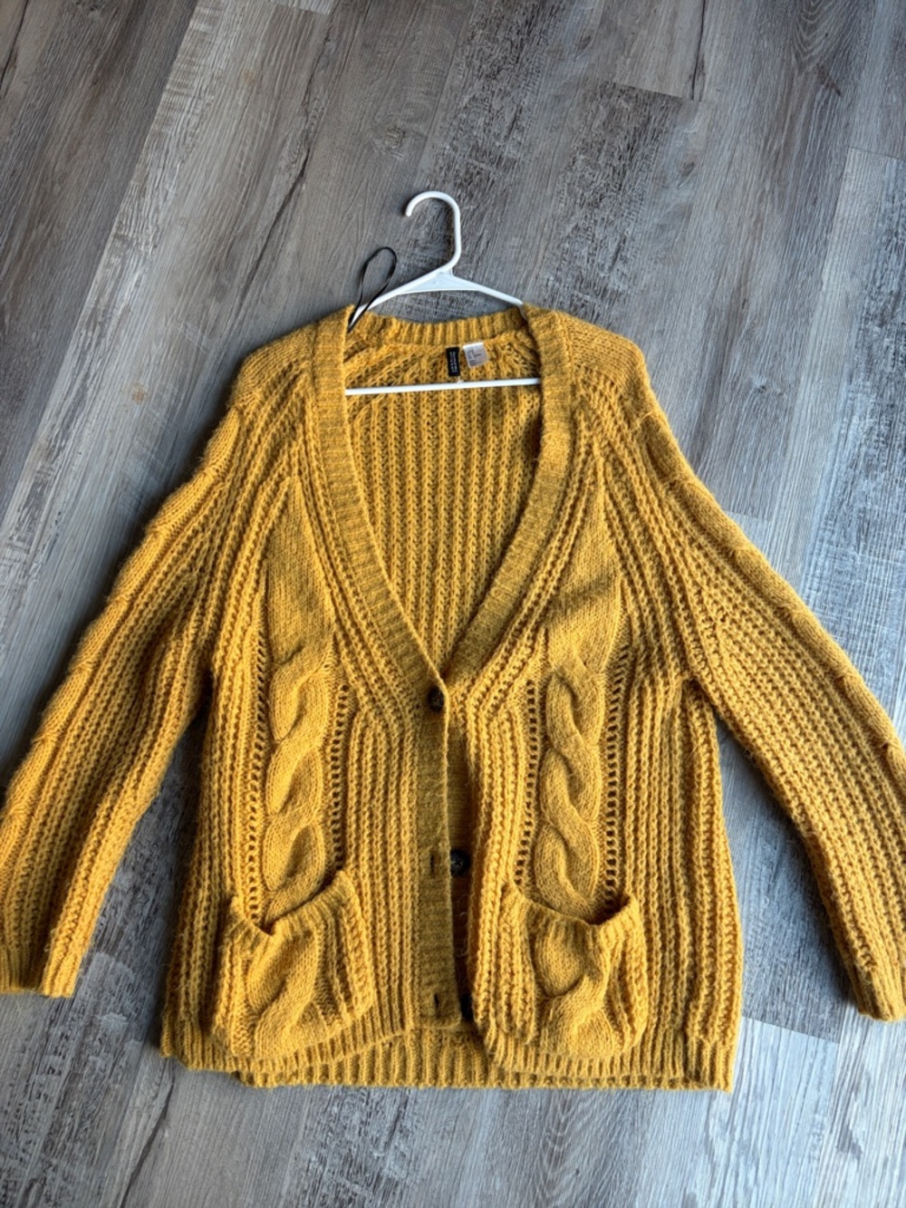 Mustard Yellow Cable-Knit Button Cardigan Sweater